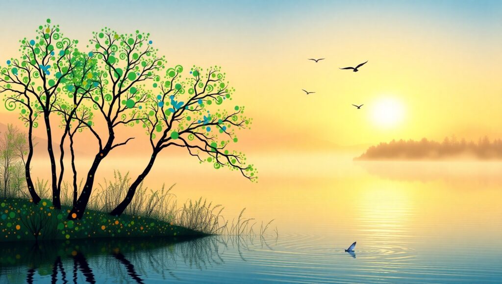 Serene Sunrise at the Lakeside rBA – free AI stock image