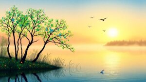 Serene Sunrise at the Lakeside rBA – free AI stock image