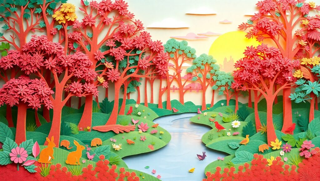Serene Sunrise in a Papercut Forest – free AI stock image