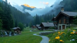 Serene Sunrise in Mountain Village – free AI stock image