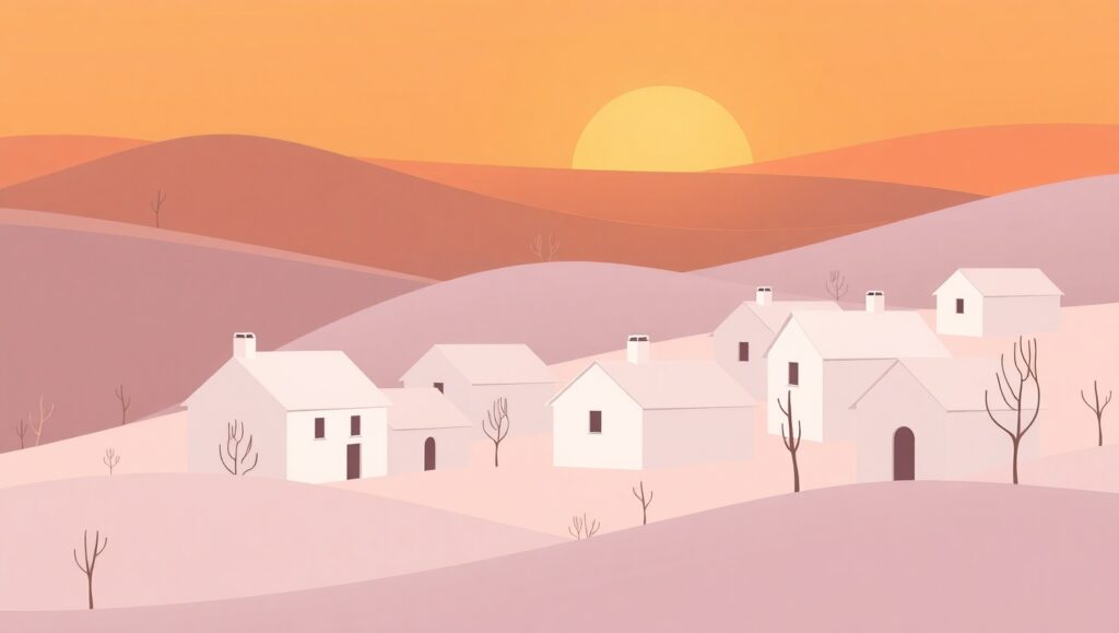 Serene Sunrise Over a Minimal Village – free AI stock image