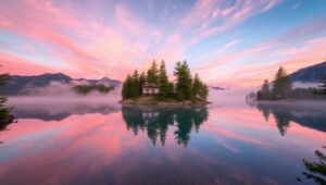 Serene Sunrise Over Mountain Lake – free AI stock image