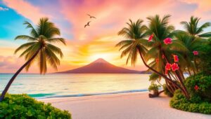 Serene Sunset on Tropical Island – free AI stock image