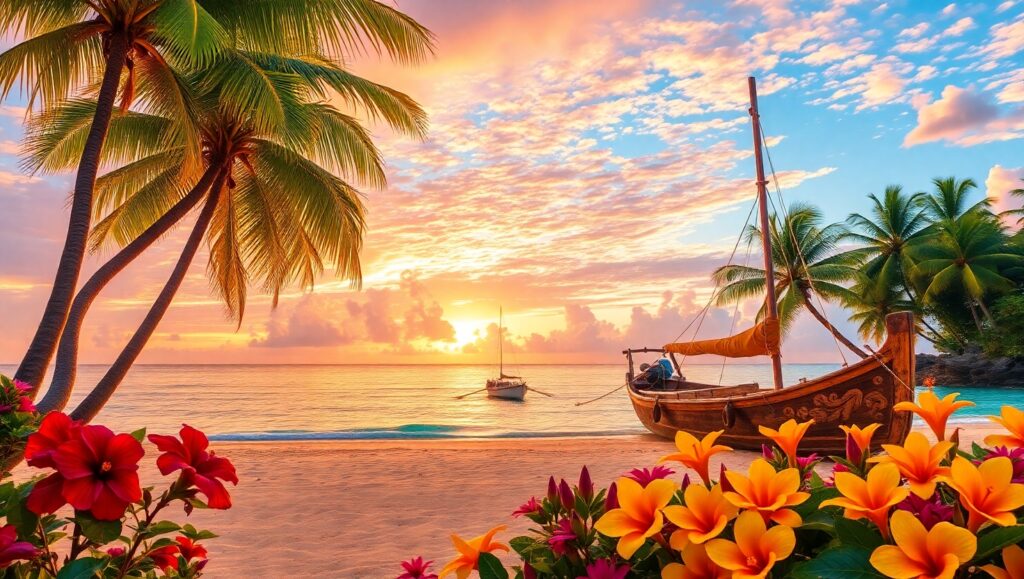 Serene Sunset on Tropical Island KDX – free AI stock image