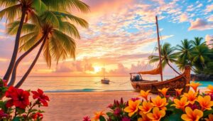 Serene Sunset on Tropical Island KDX – free AI stock image