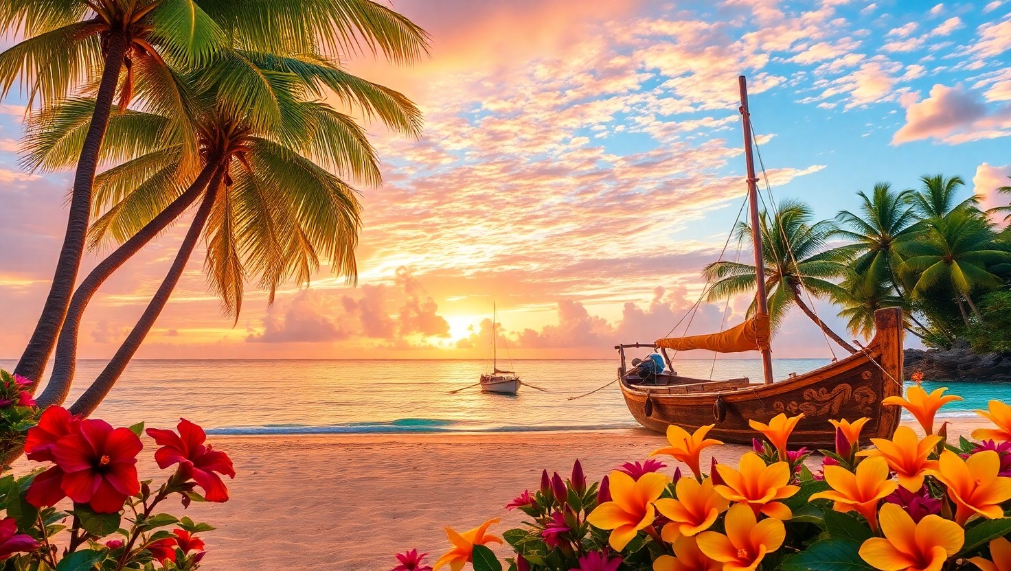 Serene Sunset on Tropical Island KDX – free AI stock image