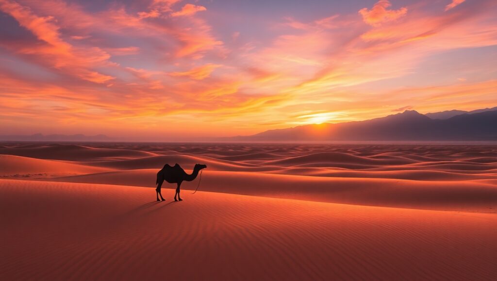 Serene Sunset Over Desert Dunes W5k – free AI stock image