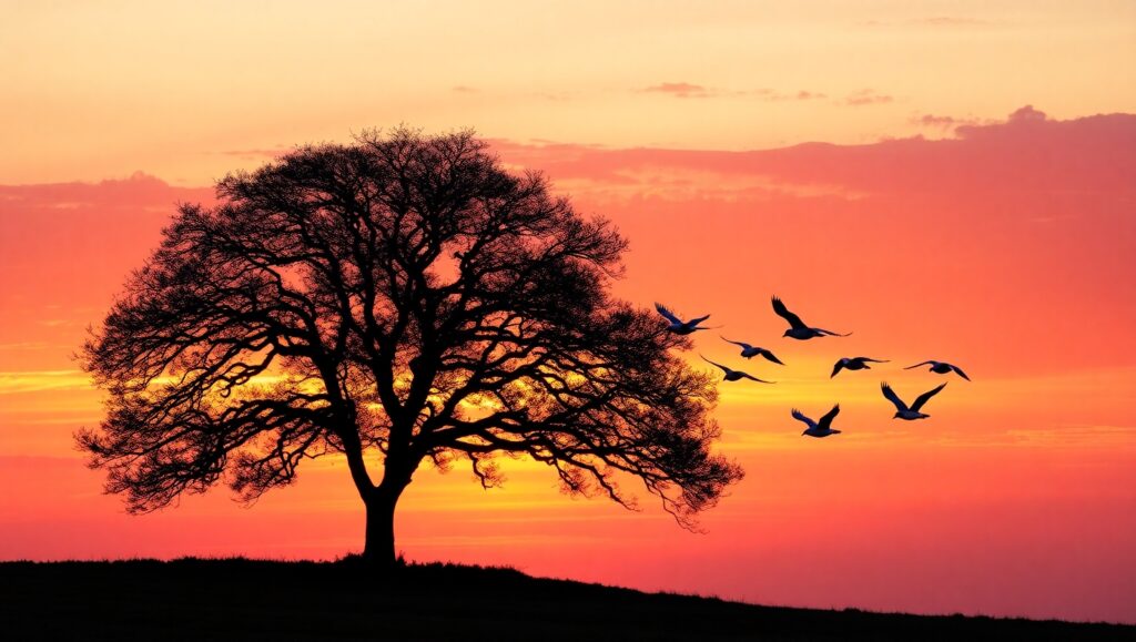 Serene Sunset Tree Silhouette – free AI stock image