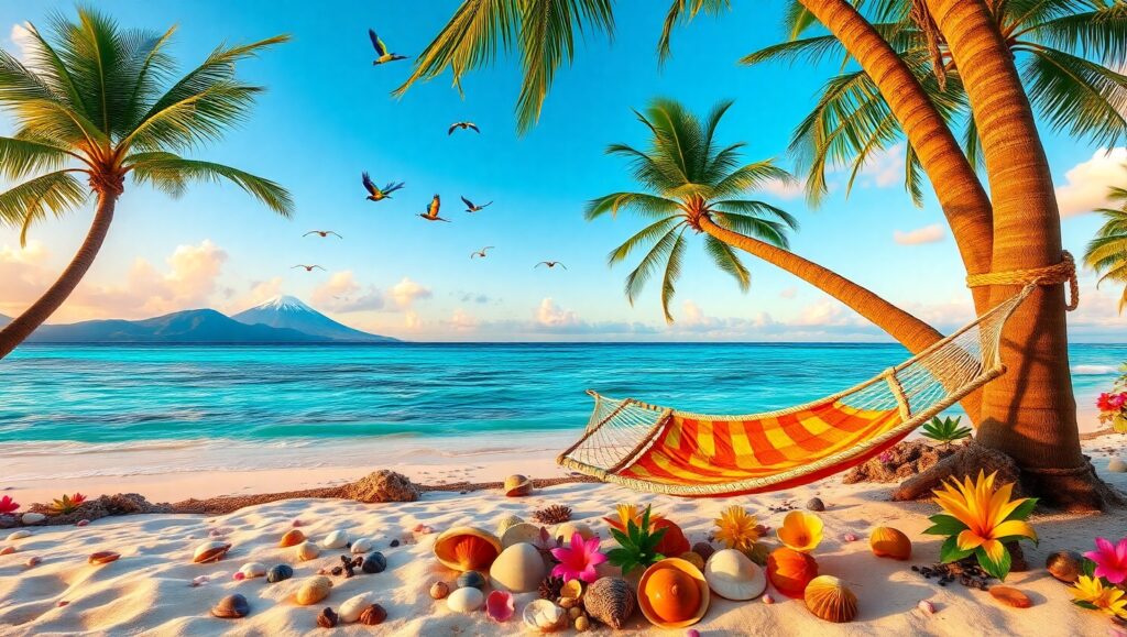 Serene Tropical Island at Sunset – free AI stock image