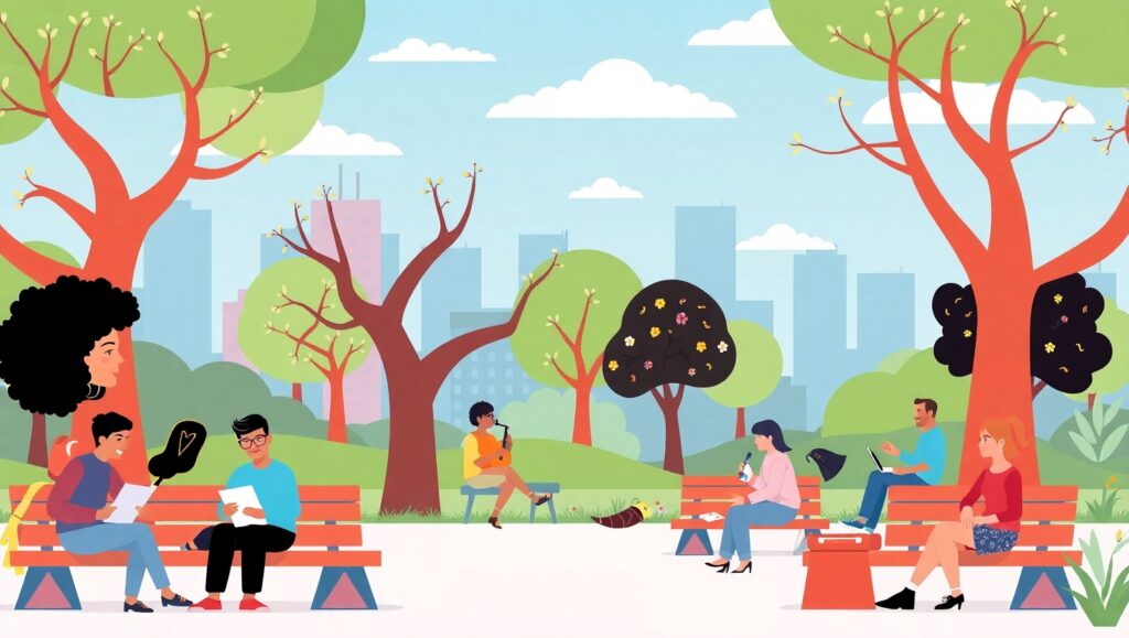Serene Urban Park in Flat Design – free AI stock image