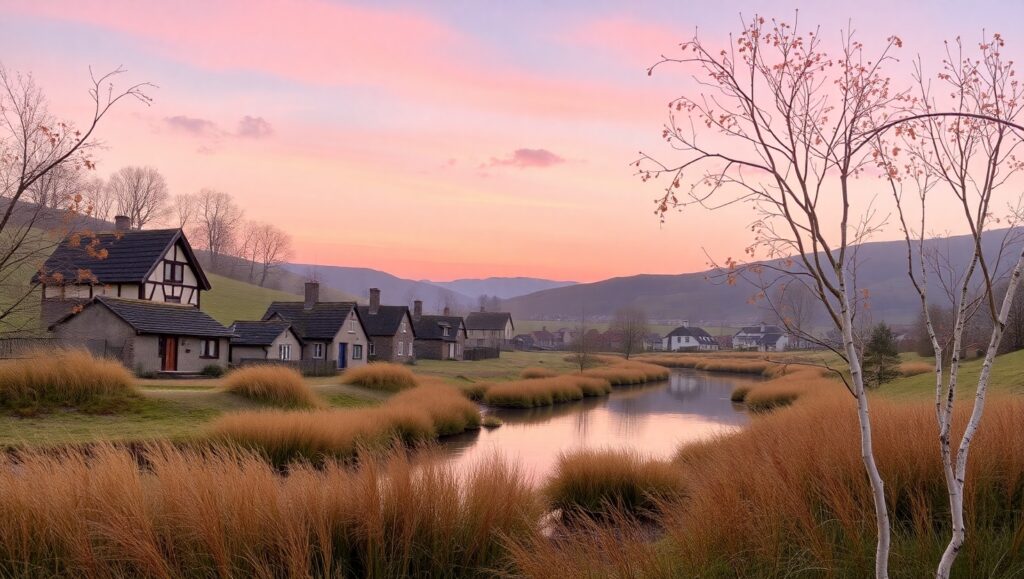 Serene Village at Dusk – free AI stock image