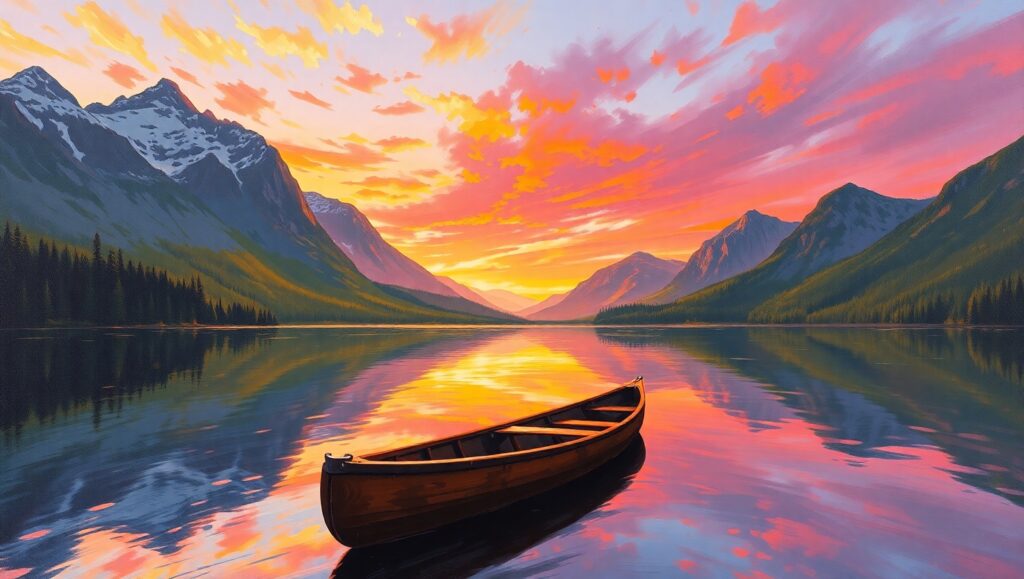 Serenity at Sunset Lake – free AI stock image