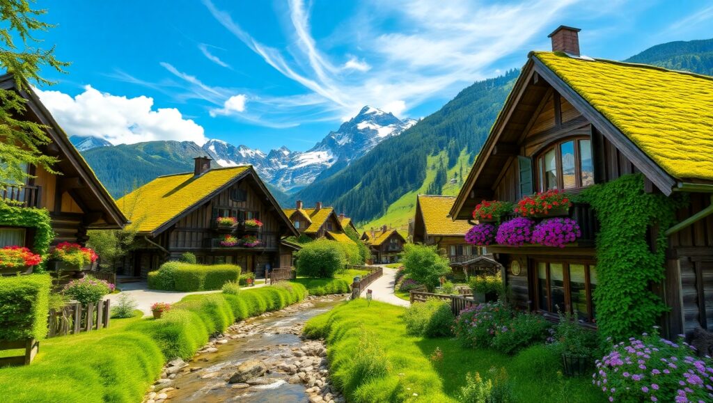 Serenity in a Mountain Village – free AI stock image
