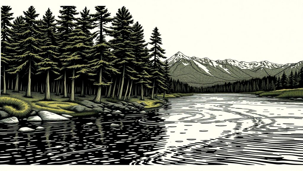 Serenity in Nature: Woodcut Art – free AI stock image