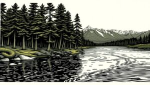 Serenity in Nature: Woodcut Art – free AI stock image