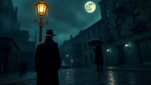 Shadowy Secrets Beneath the Streetlight – free AI stock image