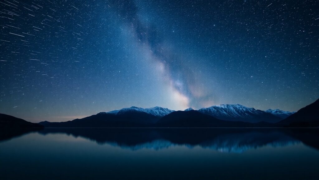 Shooting Stars Over Tranquil Lake – free AI stock image