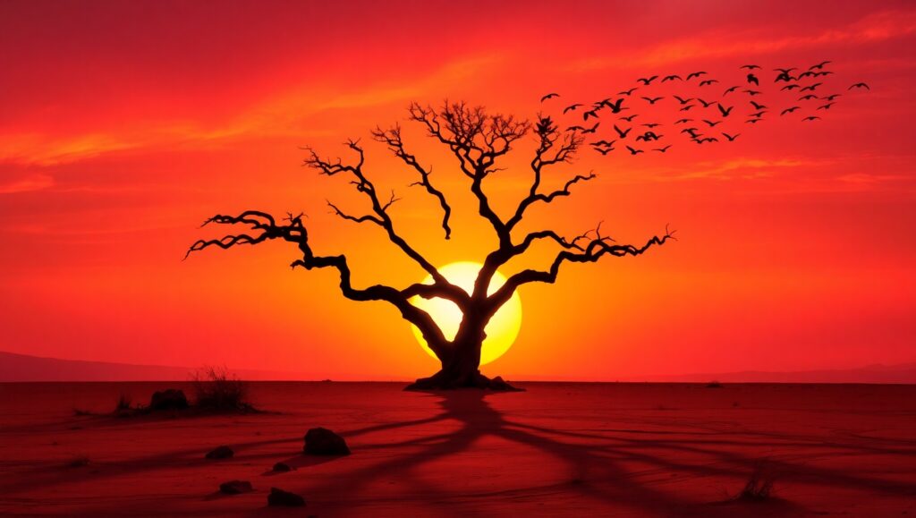 Silhouette of a Tree at Sunset – free AI stock image
