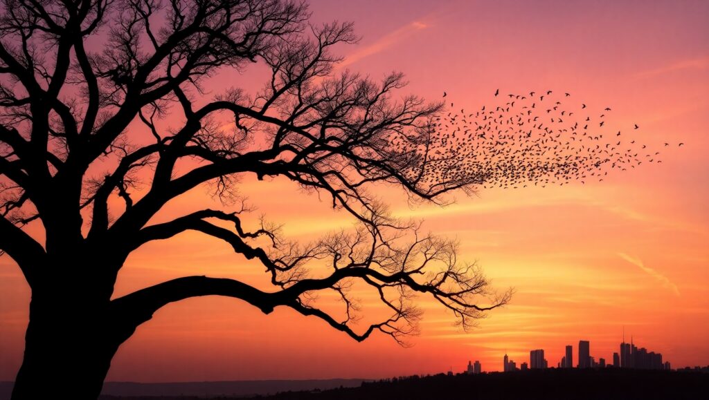 Silhouette of Nature and Cityscape – free AI stock image
