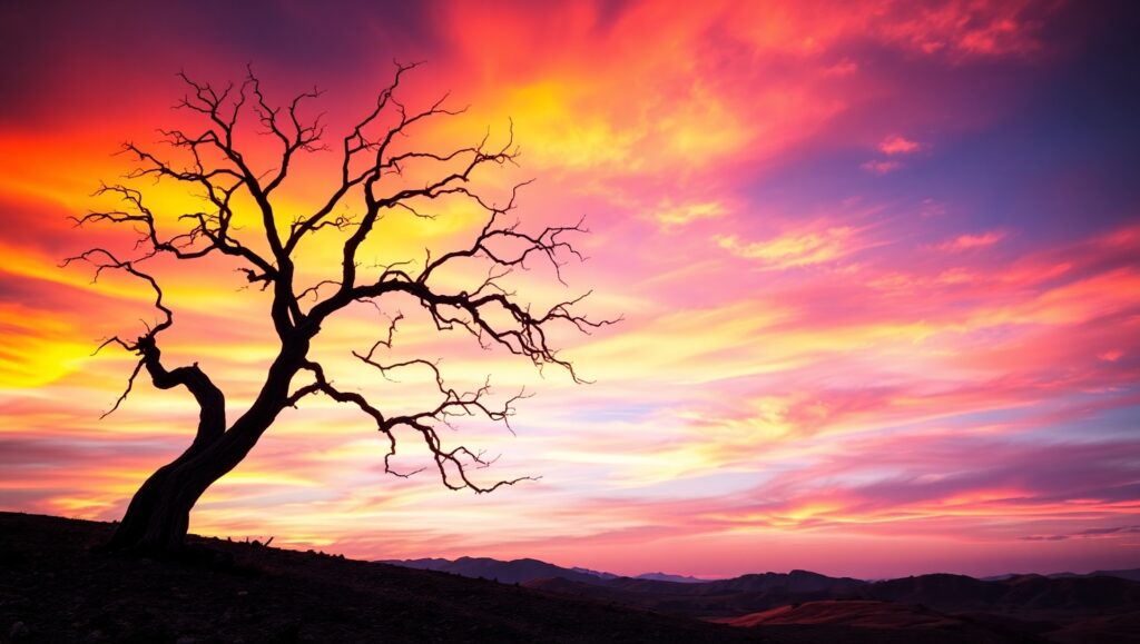 Silhouette Serenity in Sunset Sky – free AI stock image
