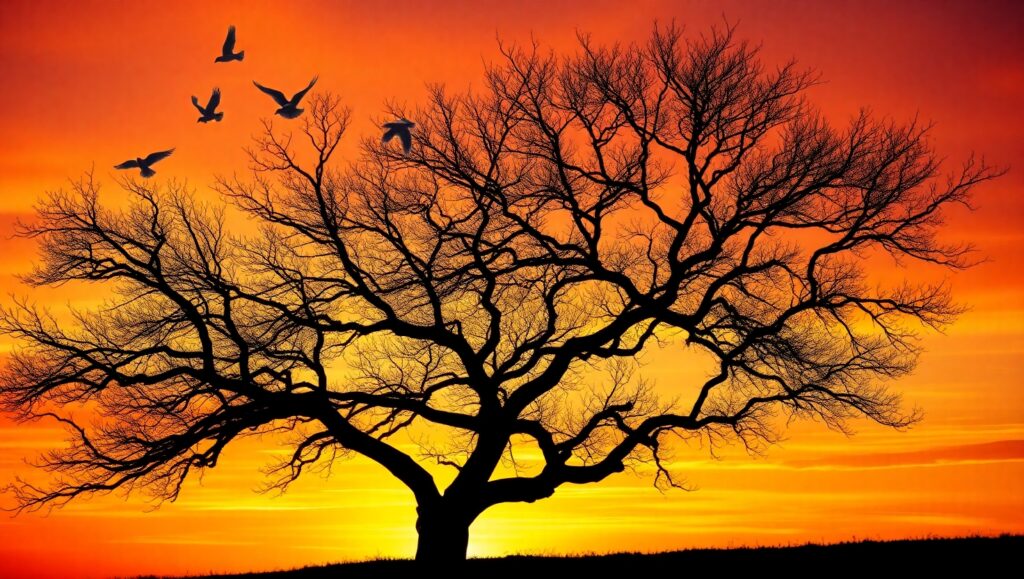 Silhouette Tree Against Sunset – free AI stock image