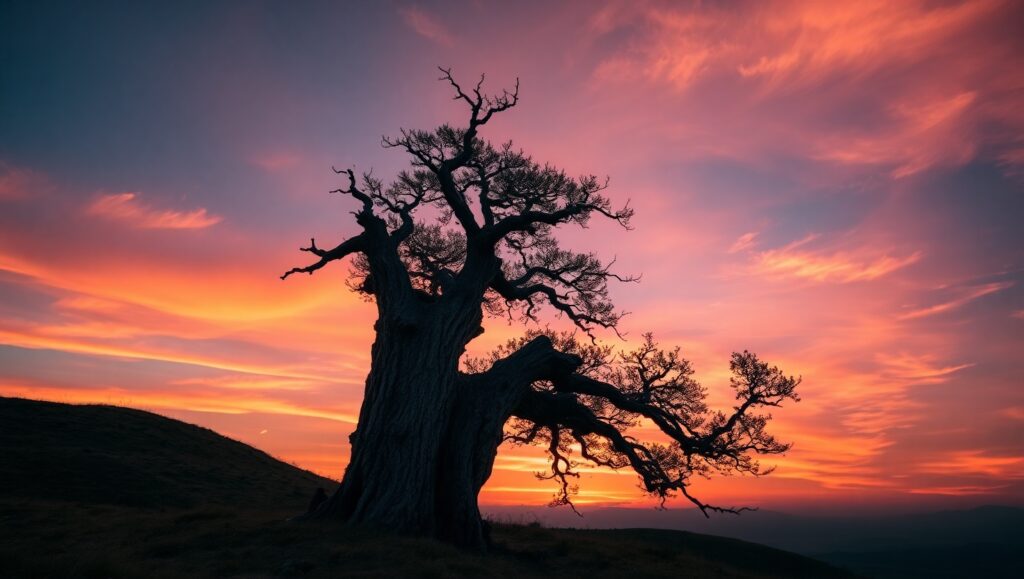 Silhouette Tree at Sunset – free AI stock image