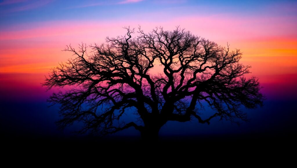 Silhouetted Tree Against Dusk Sky – free AI stock image