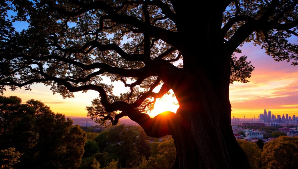 Silhouetted Tree and Urban Skyline – free AI stock image