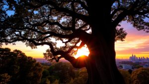 Silhouetted Tree and Urban Skyline – free AI stock image