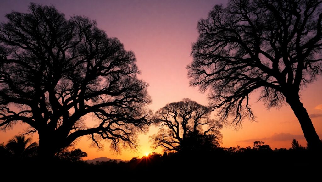 Silhouetted Trees at Sunset – free AI stock image