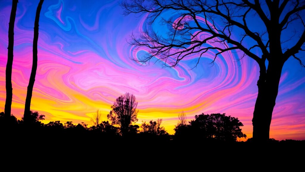 Silhouettes Merging with Skyline Colors – free AI stock image