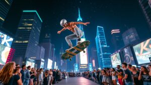 Skateboarder in a Neon City – free AI stock image