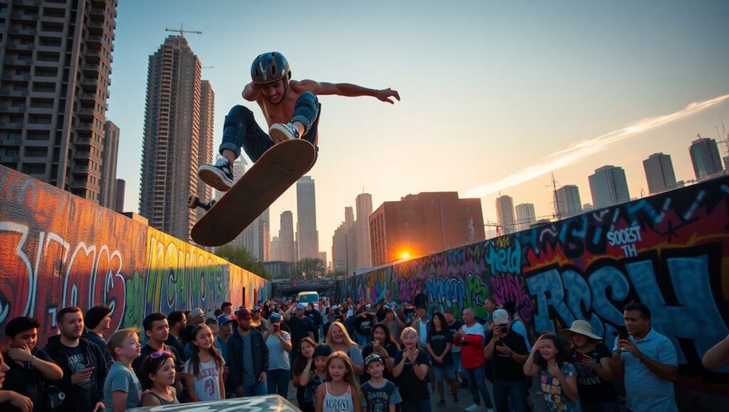 Skateboarder in Urban Sunset Stunt – free AI stock image
