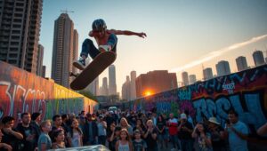 Skateboarder in Urban Sunset Stunt – free AI stock image