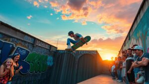 Skateboarder Soars Over Urban Gap – free AI stock image