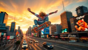 Skateboarder Soars Over Urban Landscape – free AI stock image