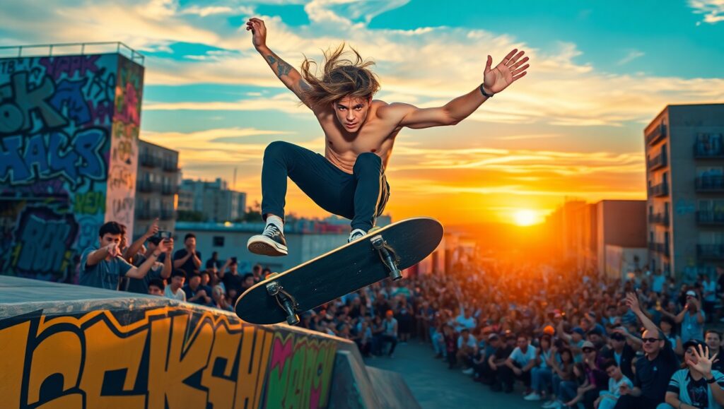 Skateboarder Soars Over Urban Sunset – free AI stock image