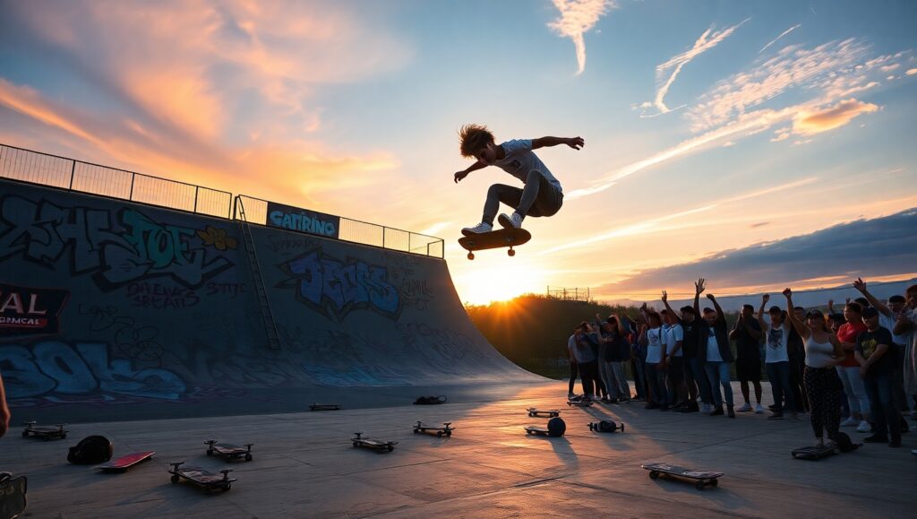 Skateboarding at Sunrise: Aerial Thrills – free AI stock image