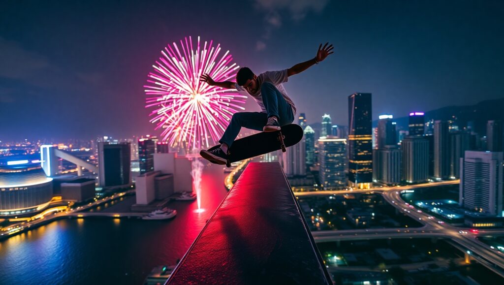 Skateboarding Over the City Lights – free AI stock image