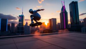 Skater’s Leap Over Neon – free AI stock image