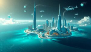 Skybound City Above Luminescent Waves – free AI stock image