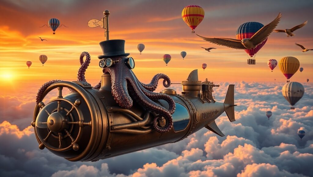 Skybound Voyage of the Steam Octopus – free AI stock image
