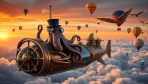 Skybound Voyage of the Steam Octopus – free AI stock image