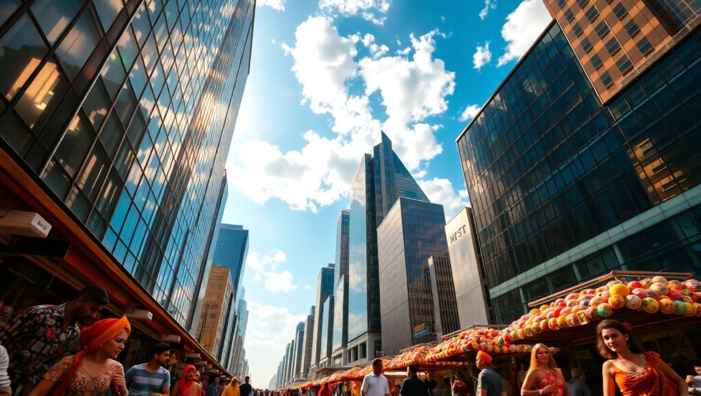 Skyscrapers and Street Life Below – free AI stock image