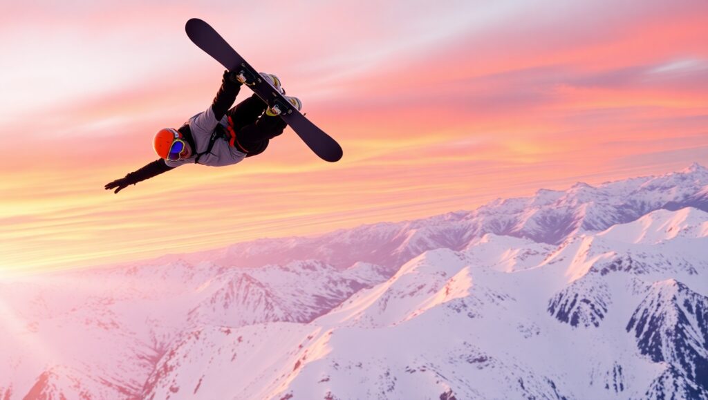 Snowboarder Soars at Sunset – free AI stock image