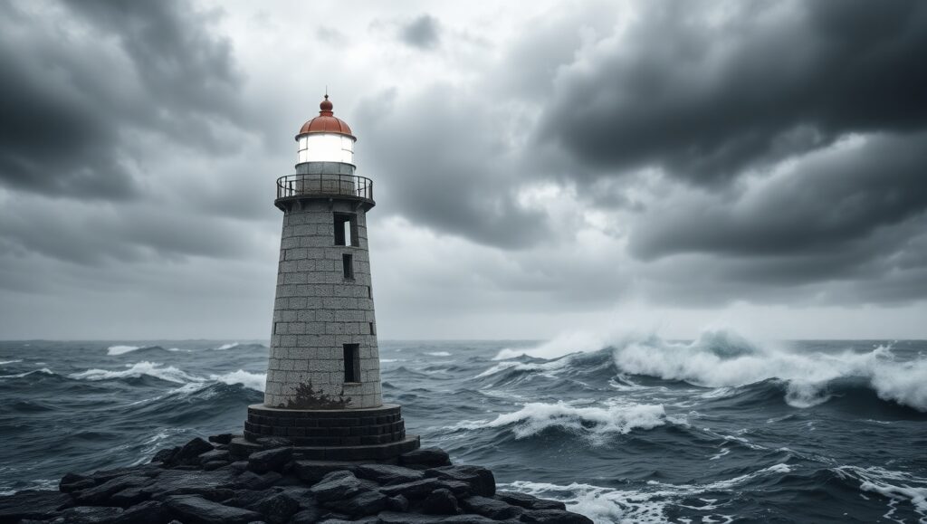Solitary Lighthouse in Stormy Monochrome – free AI stock image
