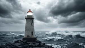 Solitary Lighthouse in Stormy Monochrome – free AI stock image