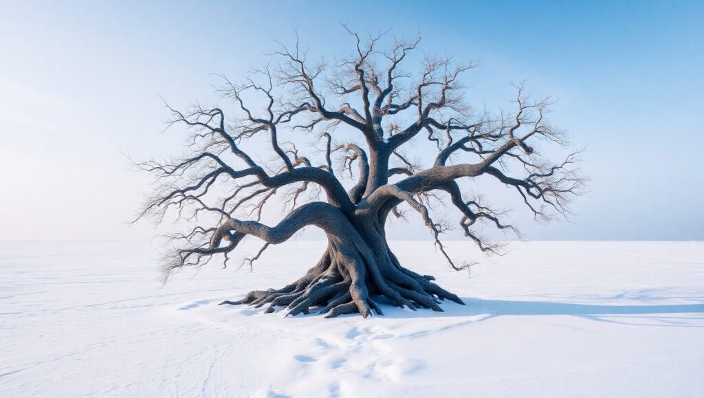 Solitary Tree in a White Landscape – free AI stock image
