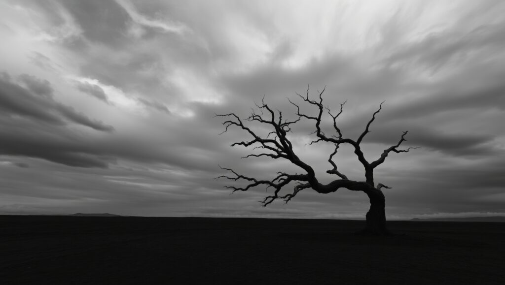 Solitary Tree in Gray Skies – free AI stock image