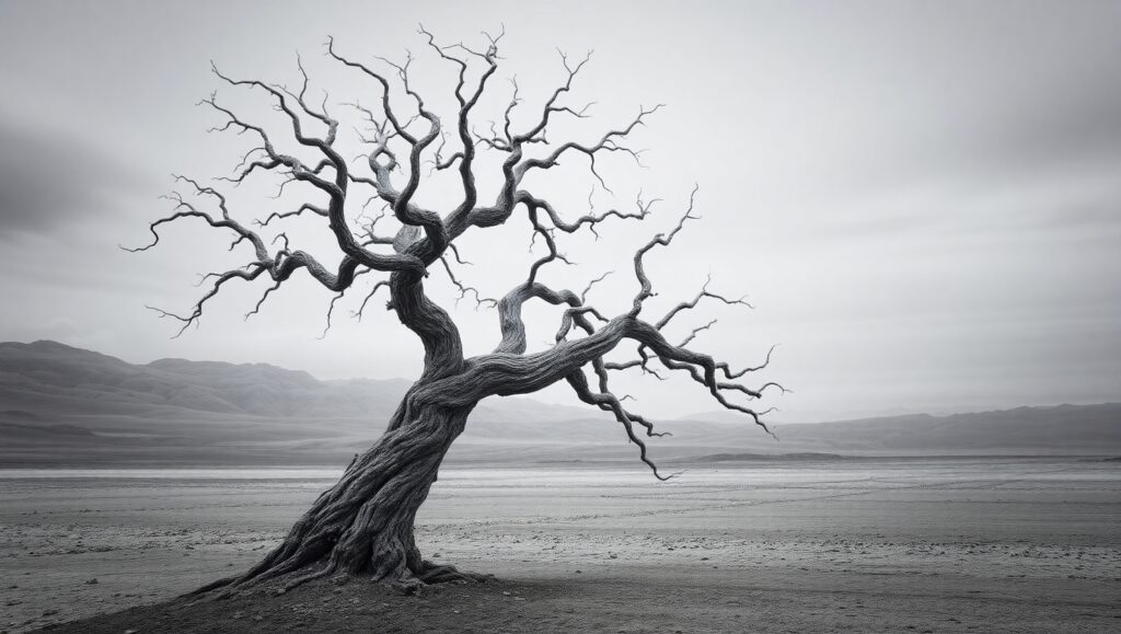 Solitary Tree in Monochrome Landscape – free AI stock image